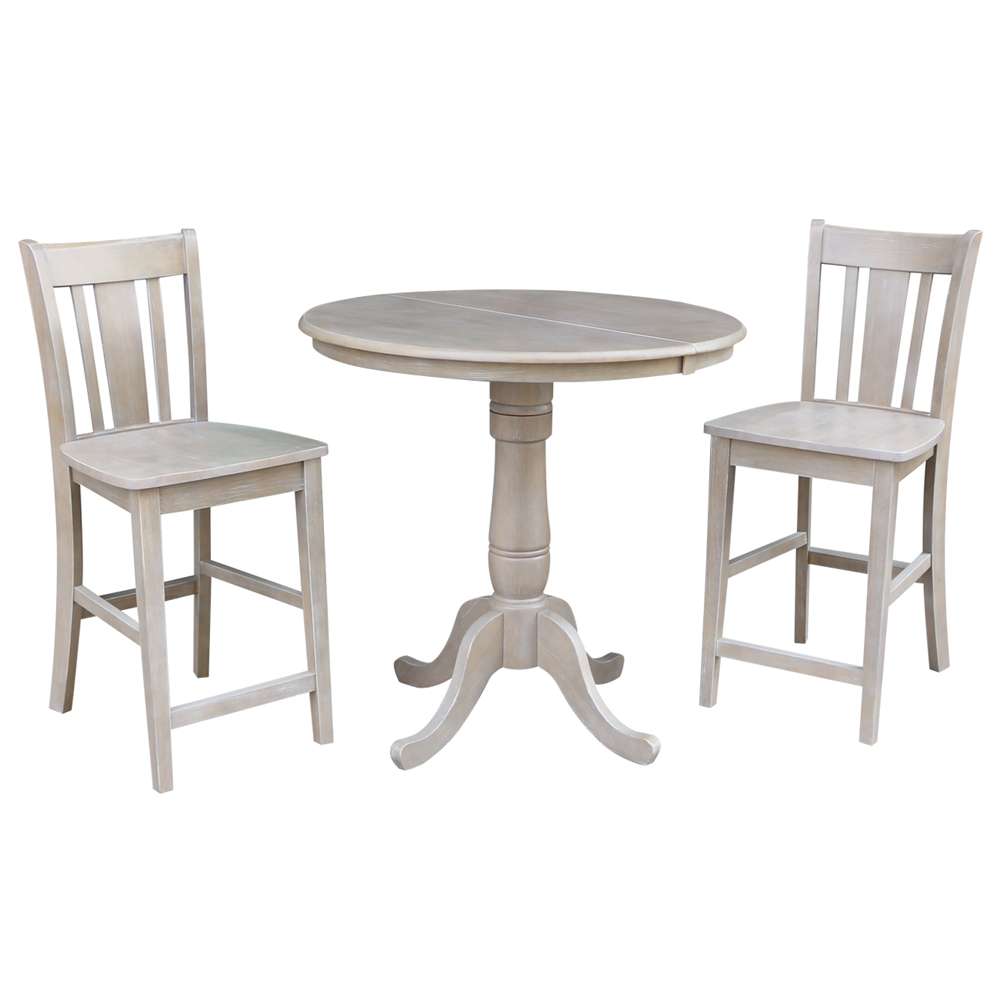 International Concepts (Set of 3 Pcs) - 36in Round Extension Dining Table with 2 San Remo Counter Height Stools in Washed Gray Taupe Finish - K09-36RXT-S102-2 veiw 1