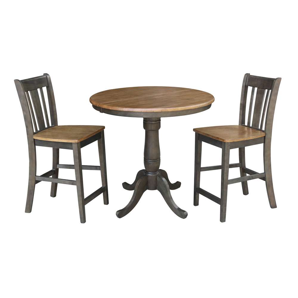 International Concepts (Set of 3 Pcs) - 36in Round Extension Dining Table with 2 San Remo Counter Height Stools in Hickory/Washed Coal Finish - K45-36RXT-6B-S102-2 veiw 1