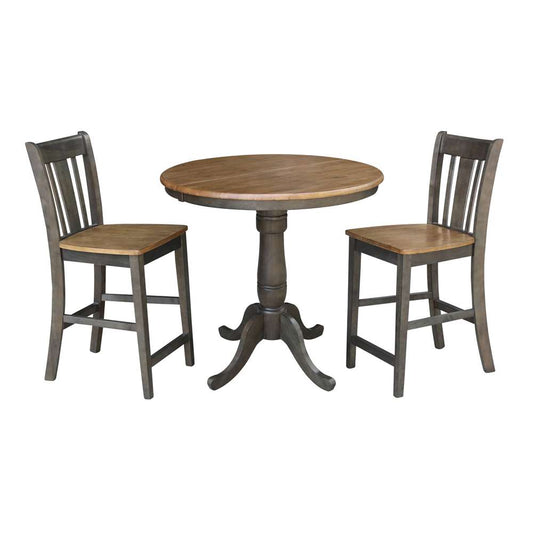 International Concepts (Set of 3 Pcs) - 36in Round Extension Dining Table with 2 San Remo Counter Height Stools in Hickory/Washed Coal Finish - K45-36RXT-6B-S102-2 veiw 1
