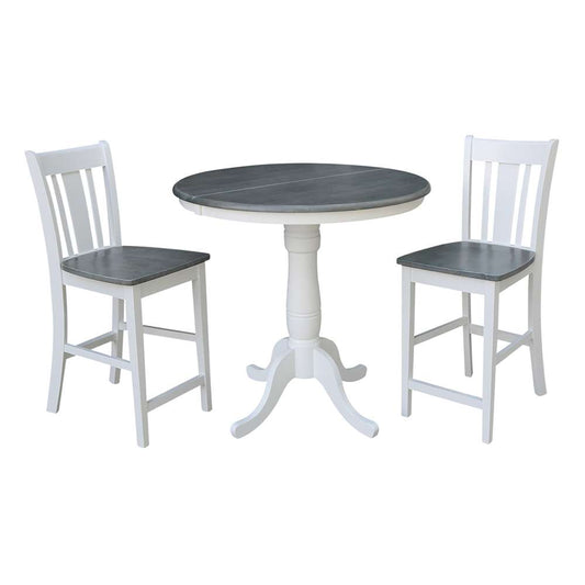 International Concepts (Set of 3 Pcs) - 36in Round Extension Dining Table with 2 San Remo Counter Height Stools in White/Heather Gray Finish - K05-36RXT-6B-S102-2 veiw 1