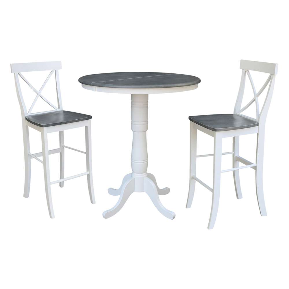 International Concepts (Set of 3 Pcs) - 36in Round Extension Dining Table with 2 X-Back Bar Height Stools in White/Heather Gray Finish - K05-36RXT-6B-S6133-2 veiw 1