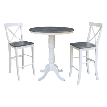 International Concepts (Set of 3 Pcs) - 36in Round Extension Dining Table with 2 X-Back Bar Height Stools in White/Heather Gray Finish - K05-36RXT-6B-S6133-2 veiw 1