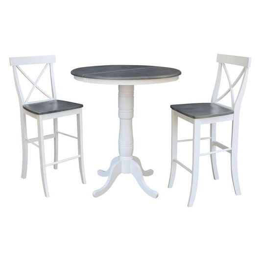 International Concepts (Set of 3 Pcs) - 36in Round Extension Dining Table with 2 X-Back Bar Height Stools in White/Heather Gray Finish - K05-36RXT-6B-S6133-2 veiw 1