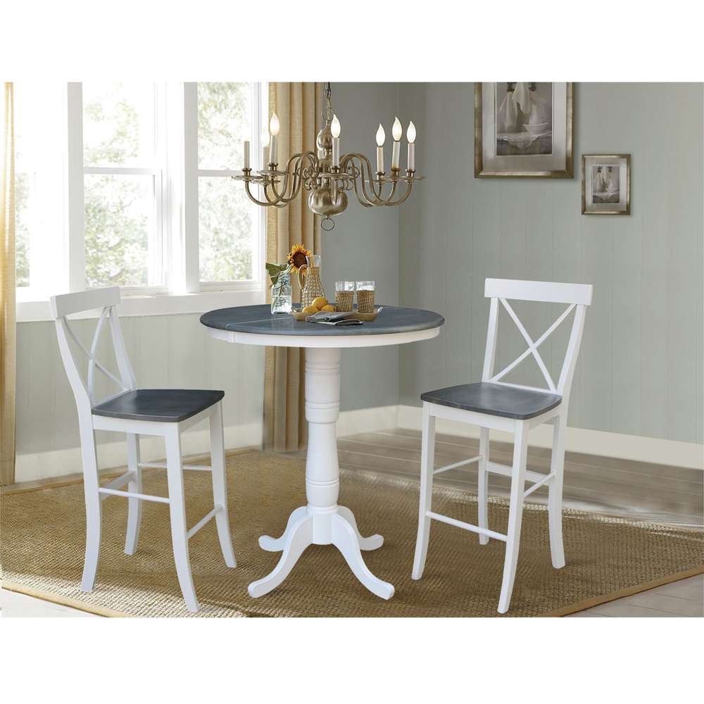International Concepts (Set of 3 Pcs) - 36in Round Extension Dining Table with 2 X-Back Bar Height Stools in White/Heather Gray Finish - K05-36RXT-6B-S6133-2 veiw 2