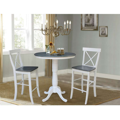 International Concepts (Set of 3 Pcs) - 36in Round Extension Dining Table with 2 X-Back Bar Height Stools in White/Heather Gray Finish - K05-36RXT-6B-S6133-2 veiw 2