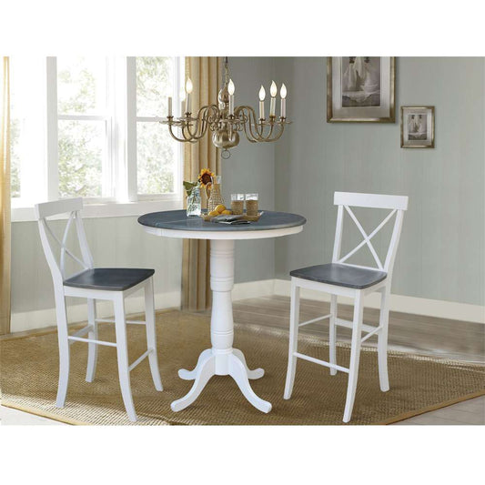International Concepts (Set of 3 Pcs) - 36in Round Extension Dining Table with 2 X-Back Bar Height Stools in White/Heather Gray Finish - K05-36RXT-6B-S6133-2 veiw 2