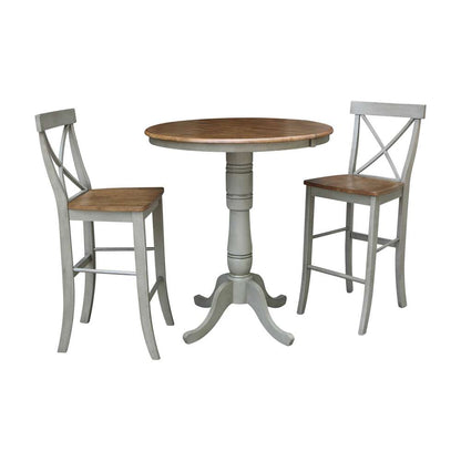 International Concepts (Set of 3 Pcs) - 36in Round Extension Dining Table with 2 X-Back Bar Height Stools in Hickory/Stone Finish - K41-36RXT-6B-S6133-2 veiw 1
