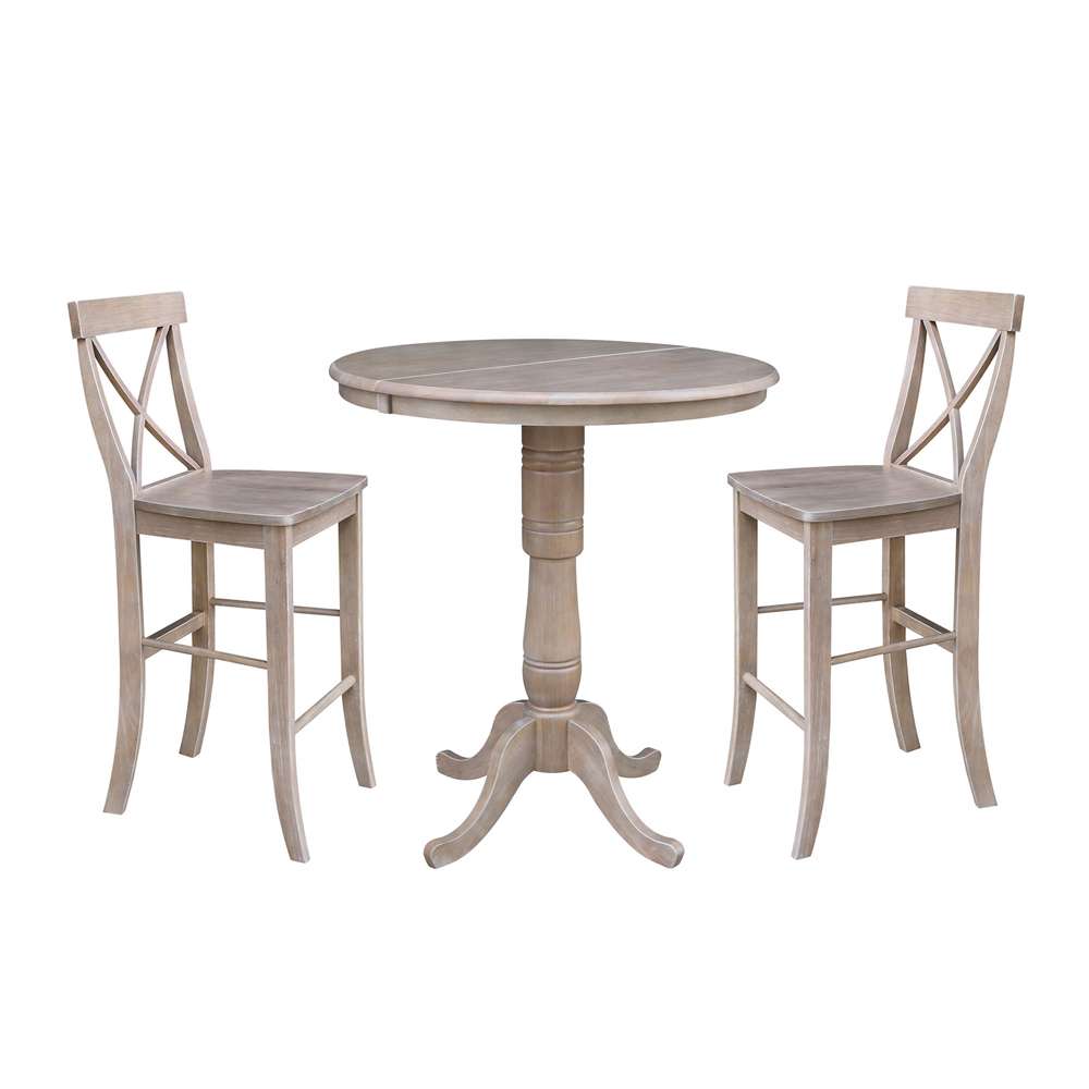 International Concepts (Set of 3 Pcs) - 36in Round Extension Dining Table with 2 X-Back Bar Height Stools in Washed Gray Taupe Finish - K09-36RXT-S6133-2 veiw 1