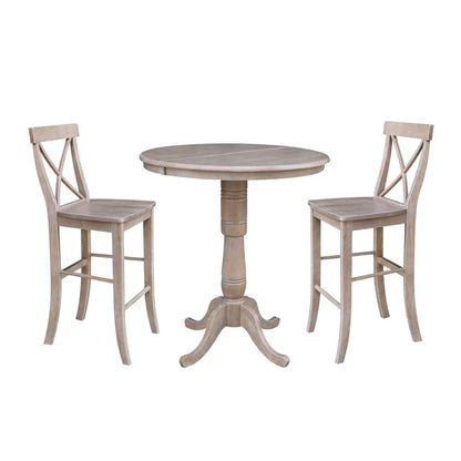 International Concepts (Set of 3 Pcs) - 36in Round Extension Dining Table with 2 X-Back Bar Height Stools in Washed Gray Taupe Finish - K09-36RXT-S6133-2 veiw 1