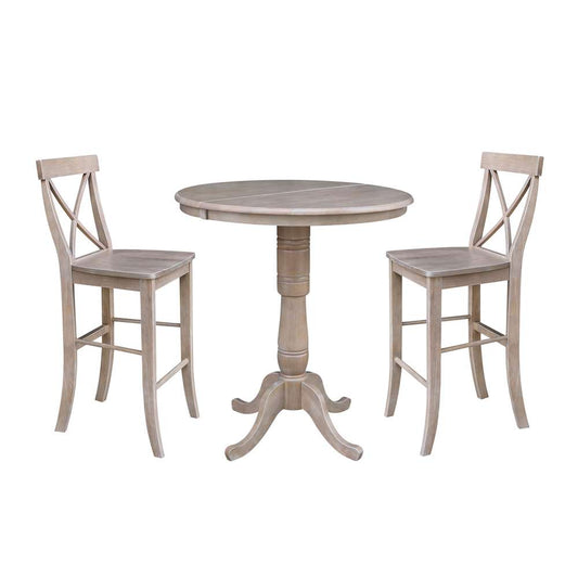 International Concepts (Set of 3 Pcs) - 36in Round Extension Dining Table with 2 X-Back Bar Height Stools in Washed Gray Taupe Finish - K09-36RXT-S6133-2 veiw 1