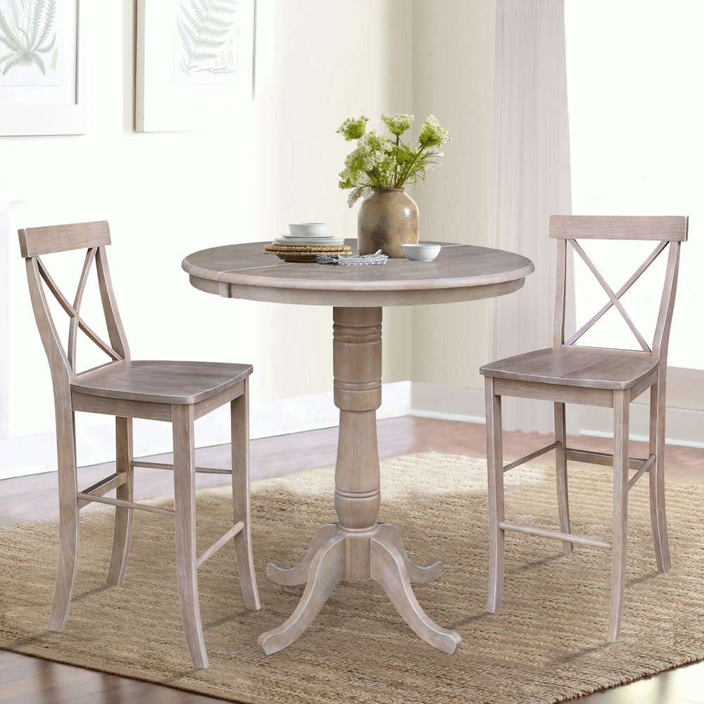 International Concepts (Set of 3 Pcs) - 36in Round Extension Dining Table with 2 X-Back Bar Height Stools in Washed Gray Taupe Finish - K09-36RXT-S6133-2 veiw 2