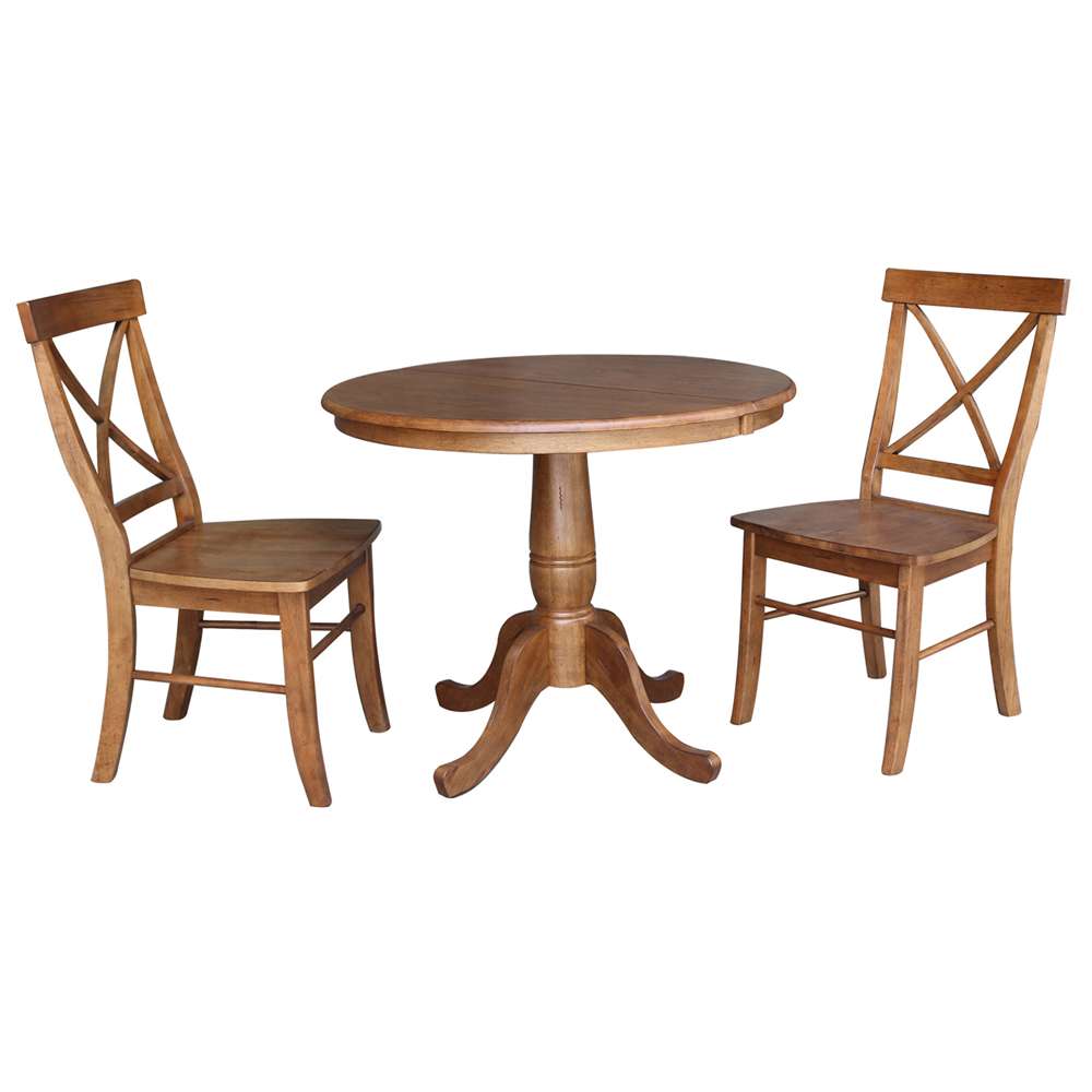International Concepts (Set of 3 Pcs) - 36in Round Extension Dining Table with 2 RTA Chairs in Distressed Oak Finish - K42-36RXT-C613-2 veiw 1