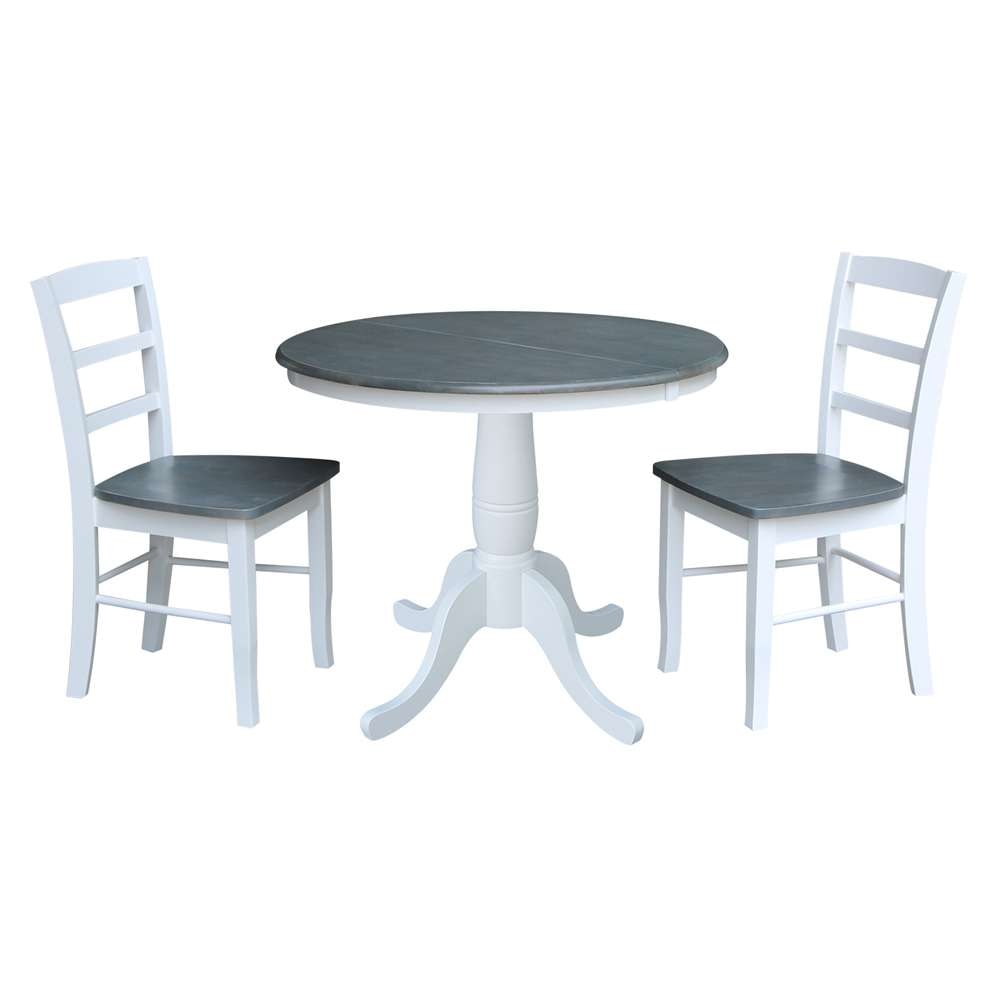 International Concepts (Set of 3 Pcs) - 36in Round Extension Dining Table with 2 RTA Chairs in White/Heather Gray Finish - K05-36RXT-C2-2 veiw 1