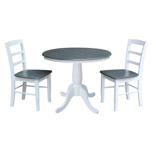 International Concepts (Set of 3 Pcs) - 36in Round Extension Dining Table with 2 RTA Chairs in White/Heather Gray Finish - K05-36RXT-C2-2 veiw 1