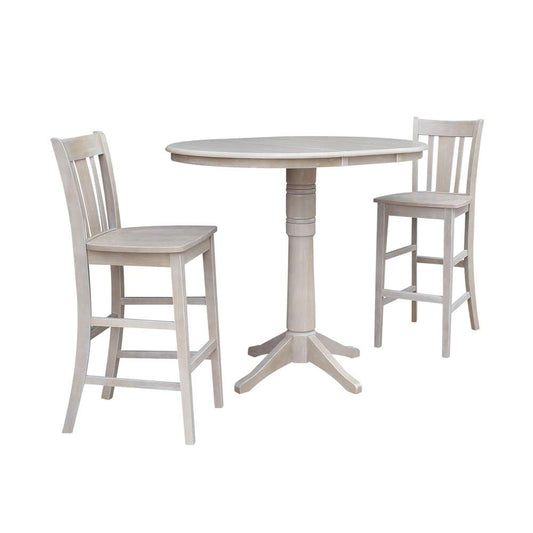 International Concepts (Set of 3 Pcs) - 36in Round Extension Dining Table with 2 San Remo Bar Height Stools in Washed Gray Taupe Finish - K09-36RXT-27B-S103-2 veiw 1