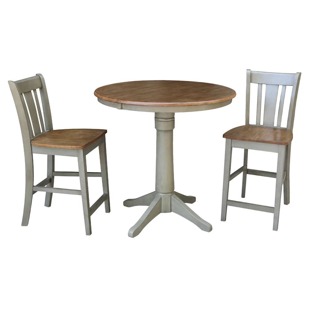 International Concepts (Set of 3 Pcs) - 36in Round Extension Dining Table with 2 San Remo Counter Height Stools in Hickory/Stone Finish - K41-36RXT-27B-S102-2 veiw 1