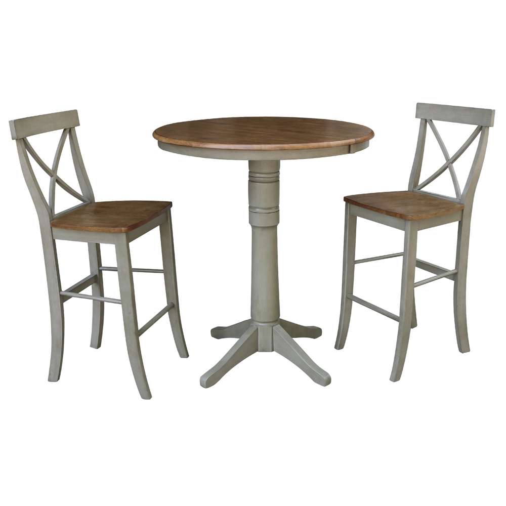 International Concepts (Set of 3 Pcs) - 36in Round Extension Dining Table with 2 X-Back Bar Height Stools in Hickory/Stone Finish - K41-36RXT-27B-S6133-2 veiw 1