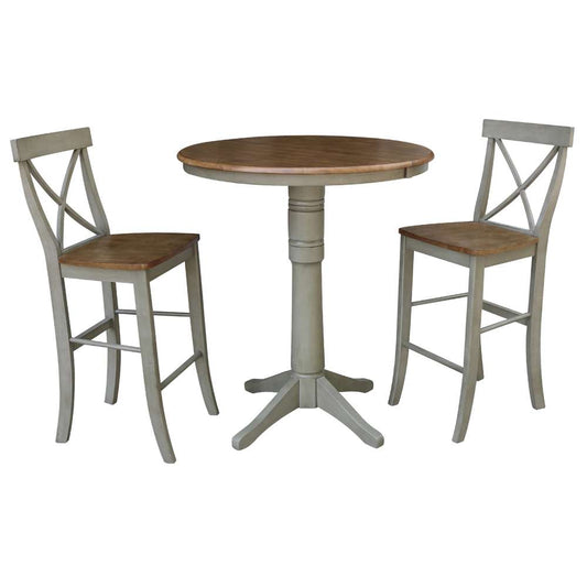 International Concepts (Set of 3 Pcs) - 36in Round Extension Dining Table with 2 X-Back Bar Height Stools in Hickory/Stone Finish - K41-36RXT-27B-S6133-2 veiw 1