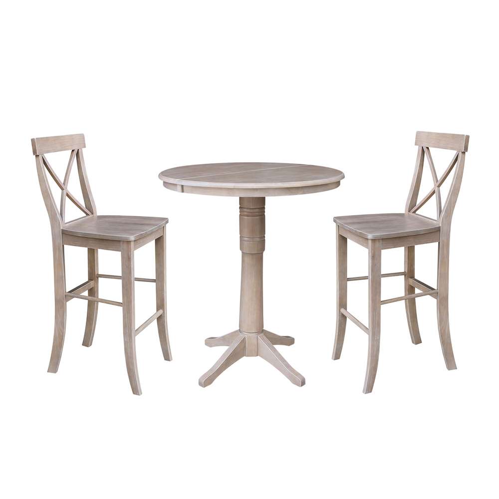 International Concepts (Set of 3 Pcs) - 36in Round Extension Dining Table with 2 X-Back Bar Height Stools in Washed Gray Taupe Finish - K09-36RXT-27B-S6133-2 veiw 1