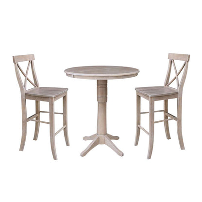 International Concepts (Set of 3 Pcs) - 36in Round Extension Dining Table with 2 X-Back Bar Height Stools in Washed Gray Taupe Finish - K09-36RXT-27B-S6133-2 veiw 1