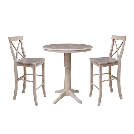 International Concepts (Set of 3 Pcs) - 36in Round Extension Dining Table with 2 X-Back Bar Height Stools in Washed Gray Taupe Finish - K09-36RXT-27B-S6133-2 veiw 1