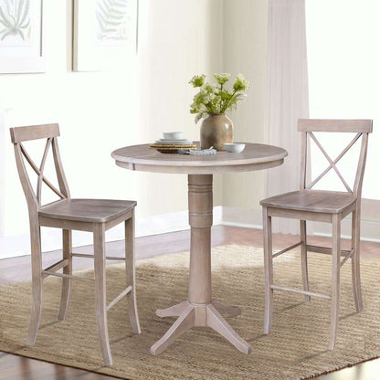 International Concepts (Set of 3 Pcs) - 36in Round Extension Dining Table with 2 X-Back Bar Height Stools in Washed Gray Taupe Finish - K09-36RXT-27B-S6133-2 veiw 2