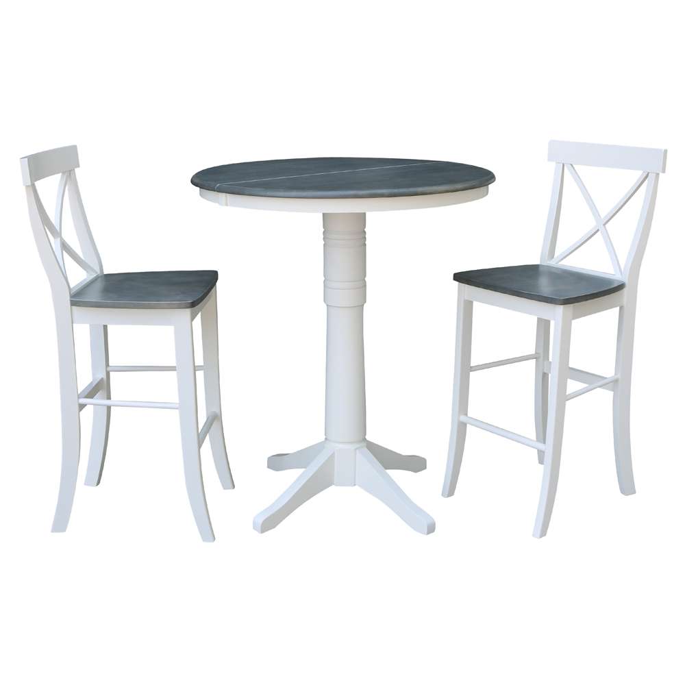 International Concepts (Set of 3 Pcs) - 36in Round Extension Dining Table with 2 X-Back Bar Height Stools in White/Heather Gray Finish - K05-36RXT-27B-S6133-2 veiw 1
