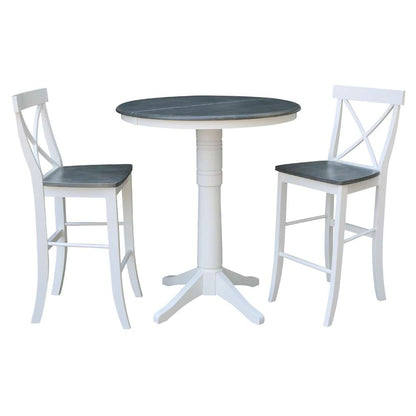 International Concepts (Set of 3 Pcs) - 36in Round Extension Dining Table with 2 X-Back Bar Height Stools in White/Heather Gray Finish - K05-36RXT-27B-S6133-2 veiw 1