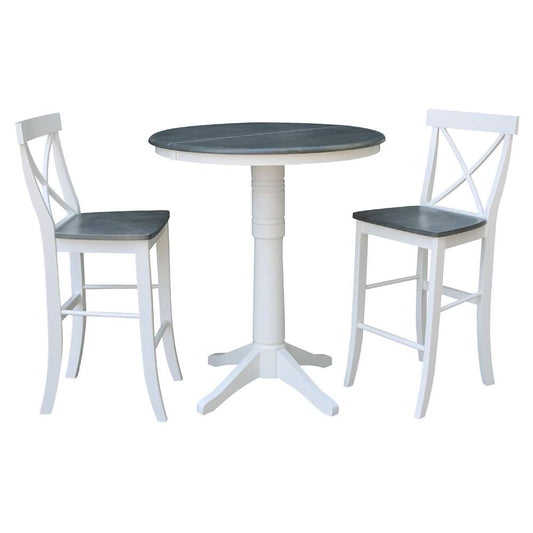 International Concepts (Set of 3 Pcs) - 36in Round Extension Dining Table with 2 X-Back Bar Height Stools in White/Heather Gray Finish - K05-36RXT-27B-S6133-2 veiw 1