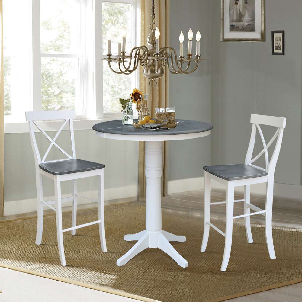 International Concepts (Set of 3 Pcs) - 36in Round Extension Dining Table with 2 X-Back Bar Height Stools in White/Heather Gray Finish - K05-36RXT-27B-S6133-2 veiw 2