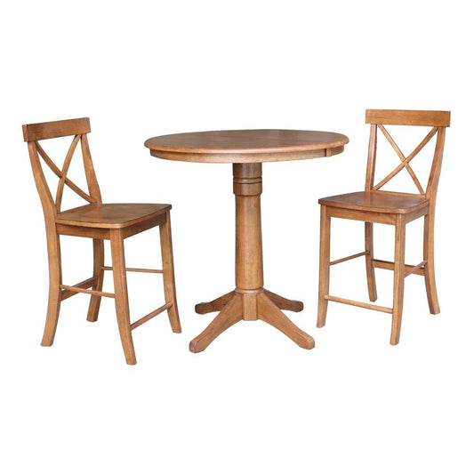 International Concepts (Set of 3 Pcs) - 36in Round Extension Dining Table with 2 X-Back Counter Height Stools in Distressed Oak Finish - K42-36RXT-27B-S6132-2 veiw 1