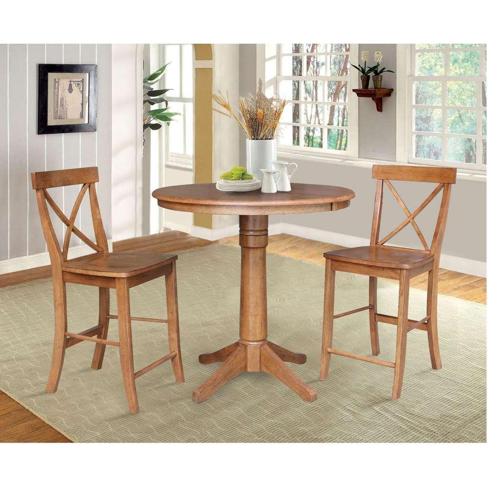 International Concepts (Set of 3 Pcs) - 36in Round Extension Dining Table with 2 X-Back Counter Height Stools in Distressed Oak Finish - K42-36RXT-27B-S6132-2 veiw 2