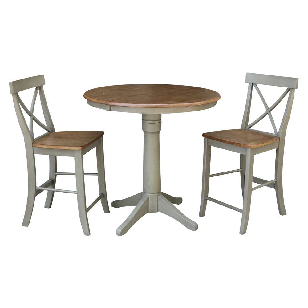 International Concepts (Set of 3 Pcs) - 36in Round Extension Dining Table with 2 X-Back Counter Height Stools in Hickory/Stone Finish - K41-36RXT-27B-S6132-2 veiw 1