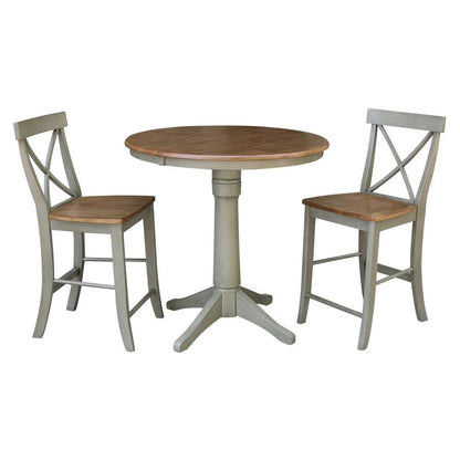 International Concepts (Set of 3 Pcs) - 36in Round Extension Dining Table with 2 X-Back Counter Height Stools in Hickory/Stone Finish - K41-36RXT-27B-S6132-2 veiw 1