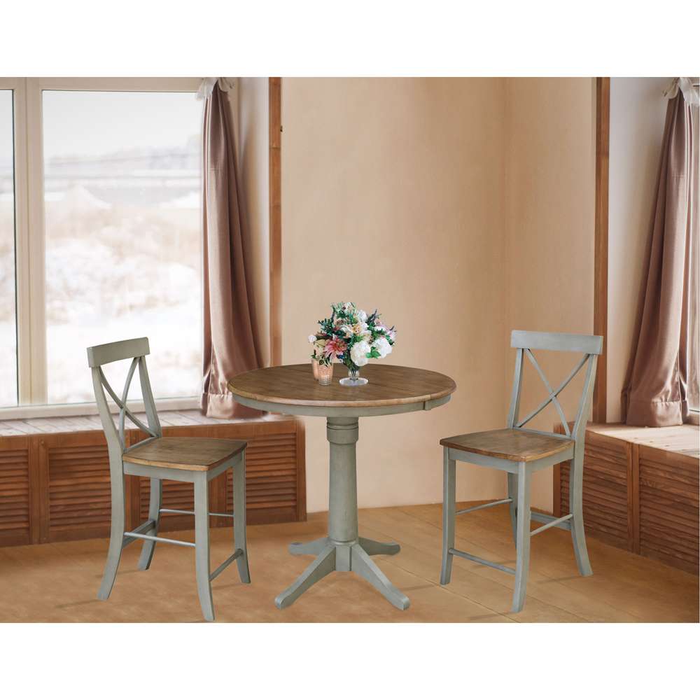 International Concepts (Set of 3 Pcs) - 36in Round Extension Dining Table with 2 X-Back Counter Height Stools in Hickory/Stone Finish - K41-36RXT-27B-S6132-2 veiw 2