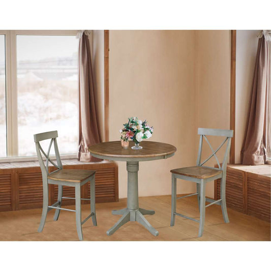 International Concepts (Set of 3 Pcs) - 36in Round Extension Dining Table with 2 X-Back Counter Height Stools in Hickory/Stone Finish - K41-36RXT-27B-S6132-2 veiw 2