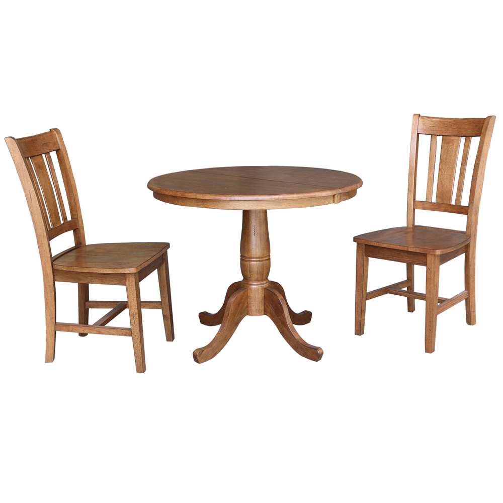 International Concepts (Set of 3 Pcs) - 36in Round Extension Dining Table with 2 RTA Chairs in Distressed Oak Finish - K42-36RXT-C10-2 veiw 1