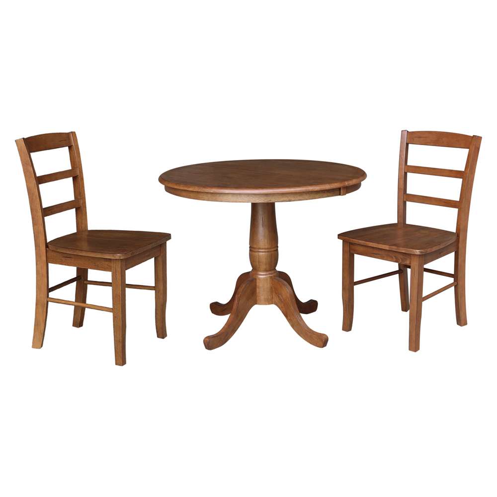 International Concepts (Set of 3 Pcs) - 36in Round Extension Dining Table with 2 RTA Chairs in Distressed Oak Finish - K42-36RXT-C2-2 veiw 1