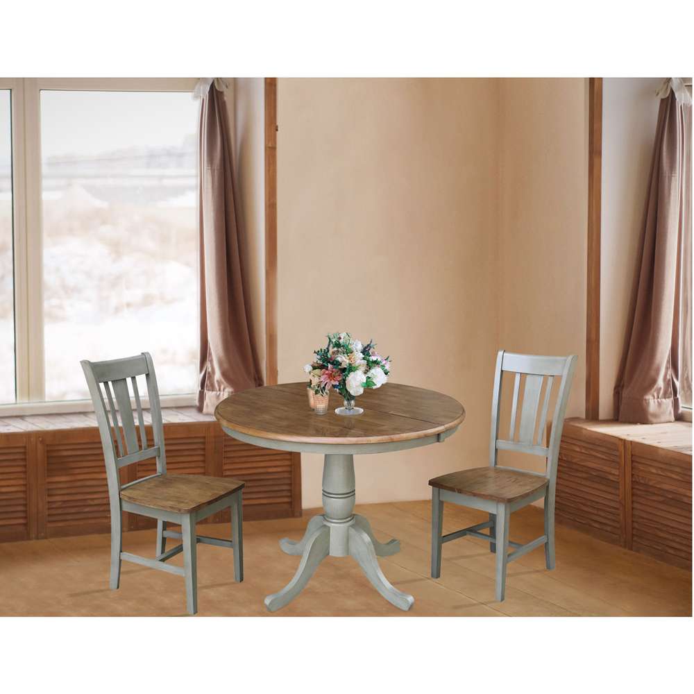 International Concepts (Set of 3 Pcs) - 36in Round Extension Dining Table with 2 RTA Chairs in Hickory/Stone Finish - K41-36RXT-C10-2 veiw 3