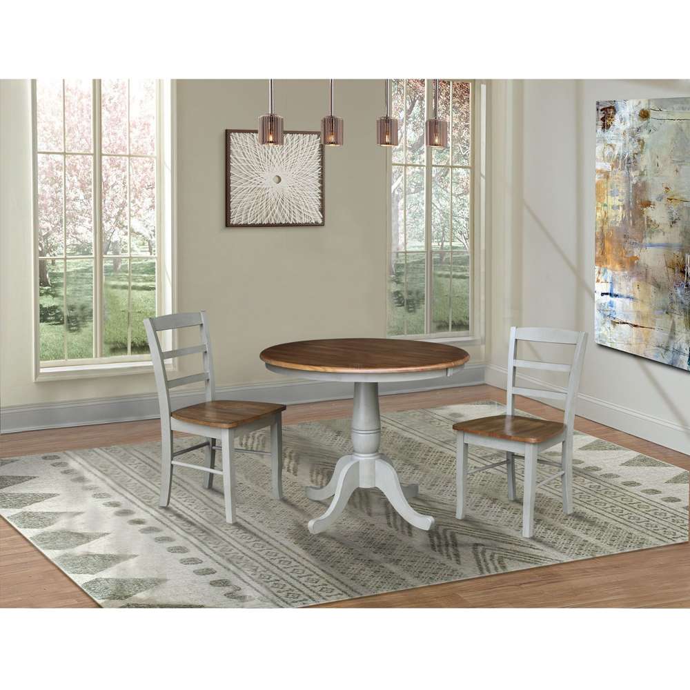 International Concepts (Set of 3 Pcs) - 36in Round Extension Dining Table with 2 RTA Chairs in Hickory/Stone Finish - K41-36RXT-C2-2 veiw 3