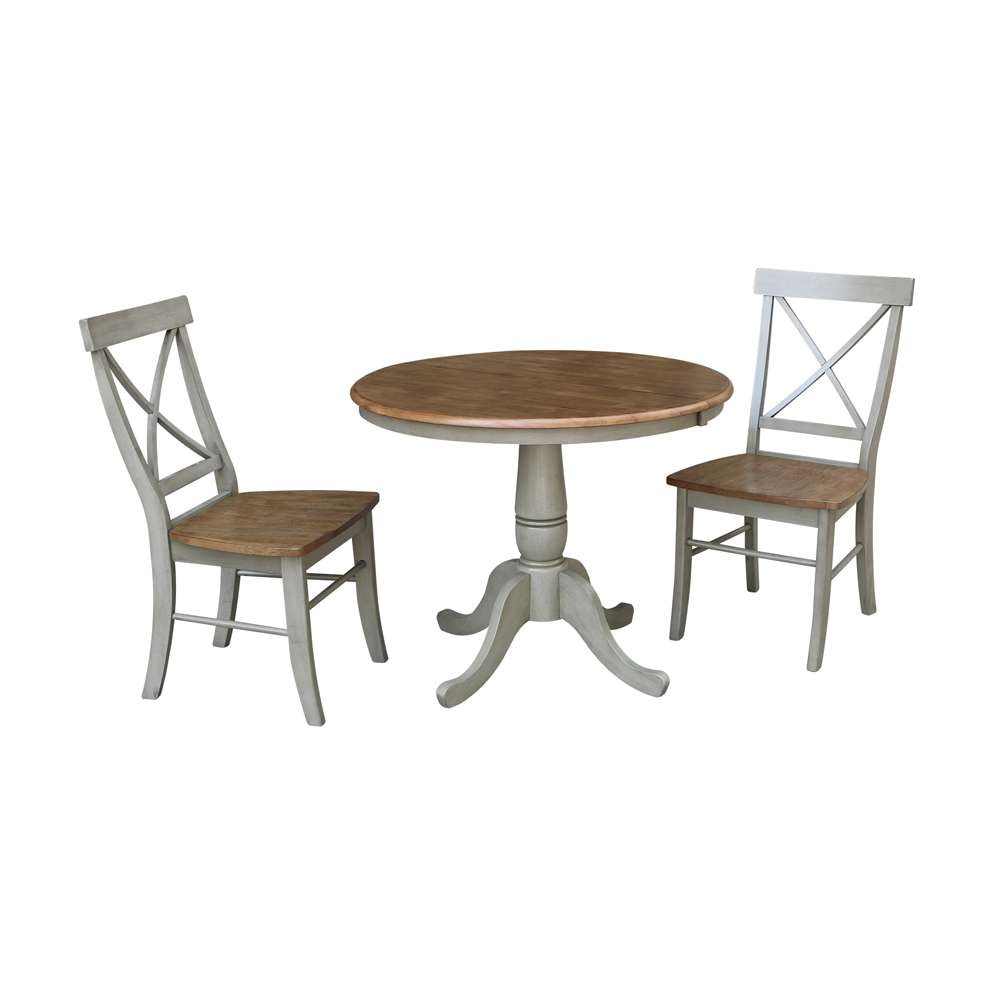 International Concepts (Set of 3 Pcs) - 36in Round Extension Dining Table with 2 RTA Chairs in Hickory/Stone Finish - K41-36RXT-C613-2 veiw 1