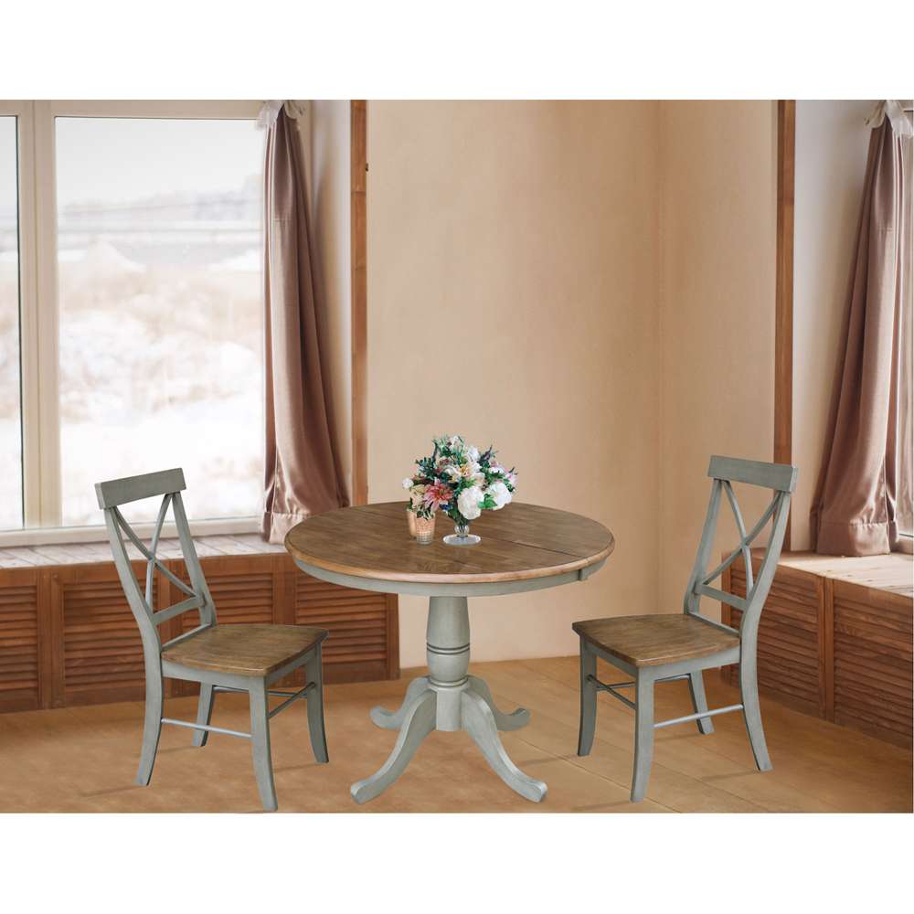 International Concepts (Set of 3 Pcs) - 36in Round Extension Dining Table with 2 RTA Chairs in Hickory/Stone Finish - K41-36RXT-C613-2 veiw 3