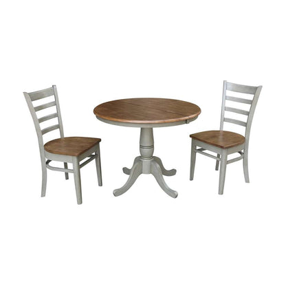 International Concepts (Set of 3 Pcs) - 36in Round Extension Dining Table with 2 RTA Chairs in Hickory/Stone Finish - K41-36RXT-C617-2 veiw 1