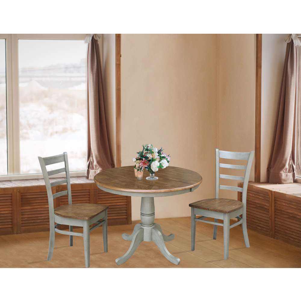 International Concepts (Set of 3 Pcs) - 36in Round Extension Dining Table with 2 RTA Chairs in Hickory/Stone Finish - K41-36RXT-C617-2 veiw 3