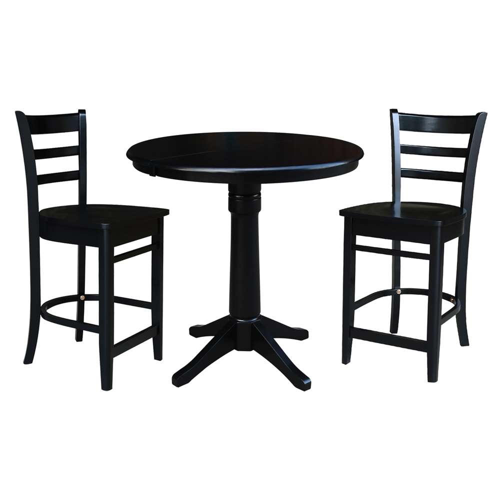 International Concepts (Set of 3 Pcs) - 36in Round Extension Dining Table with 2 Counter Height Stools in Black Finish - K46-36RXT-27-S6172-2 veiw 1