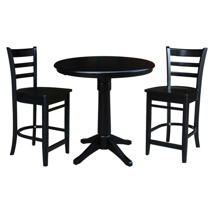 International Concepts (Set of 3 Pcs) - 36in Round Extension Dining Table with 2 Counter Height Stools in Black Finish - K46-36RXT-27-S6172-2 veiw 1