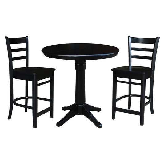 International Concepts (Set of 3 Pcs) - 36in Round Extension Dining Table with 2 Counter Height Stools in Black Finish - K46-36RXT-27-S6172-2 veiw 1