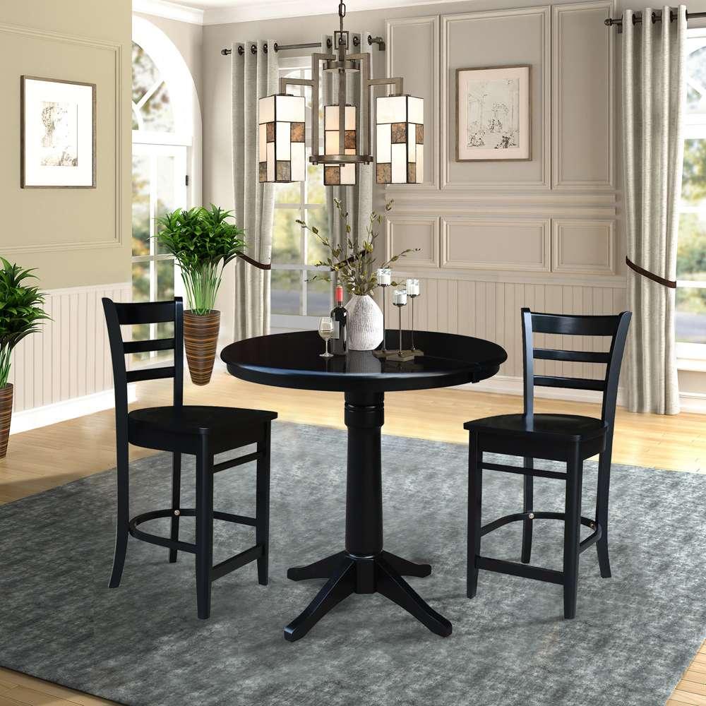 International Concepts (Set of 3 Pcs) - 36in Round Extension Dining Table with 2 Counter Height Stools in Black Finish - K46-36RXT-27-S6172-2 veiw 2