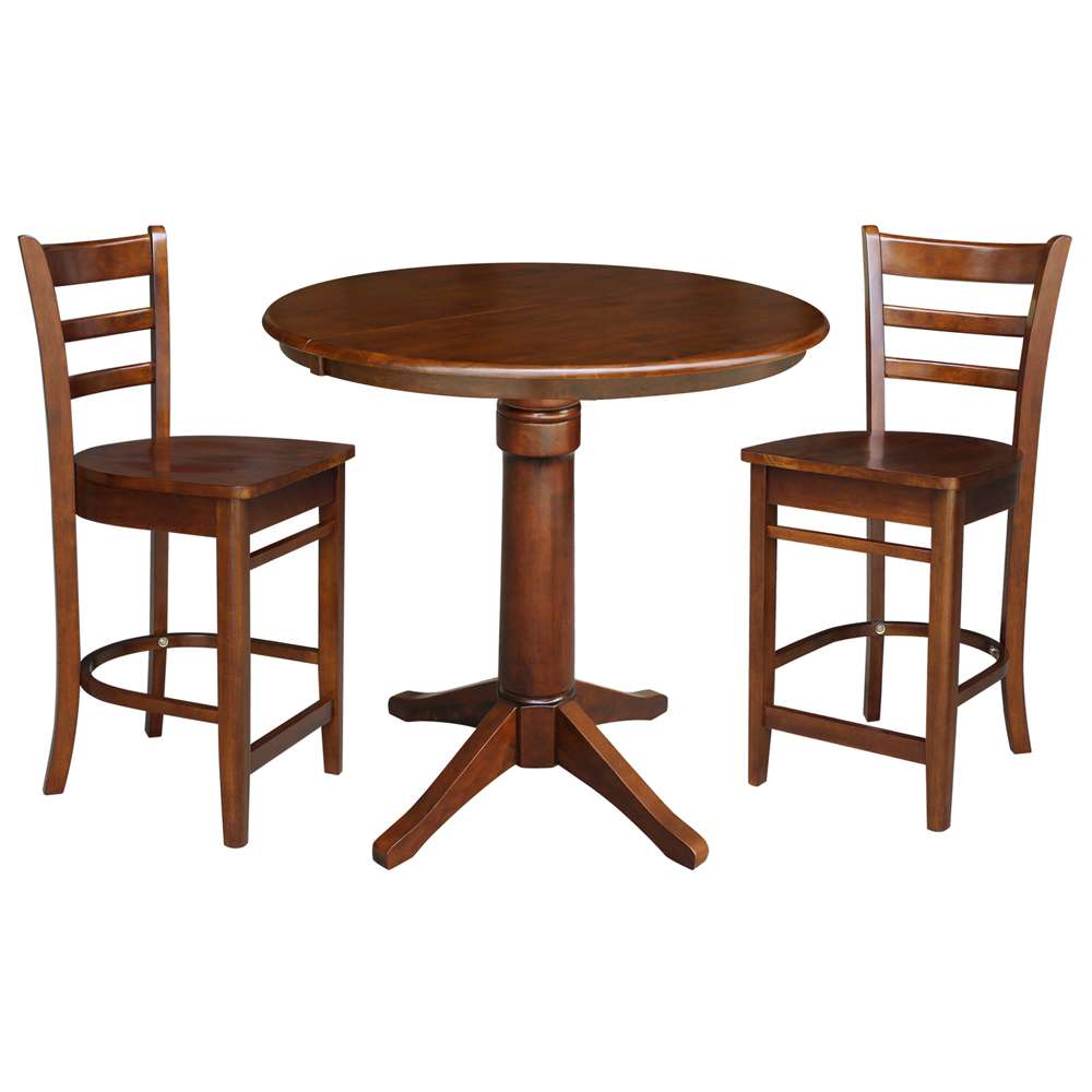 International Concepts (Set of 3 Pcs) - 36in Round Extension Dining Table with 2 Counter Height Stools in Espresso Finish - K581-36RXT-27-S61722 veiw 1