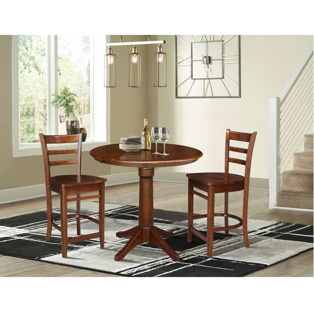 International Concepts (Set of 3 Pcs) - 36in Round Extension Dining Table with 2 Counter Height Stools in Espresso Finish - K581-36RXT-27-S61722 veiw 2
